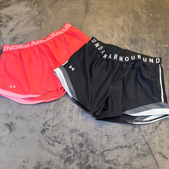Under Armour Heatgear Athletic Shorts Set of 2 Pink Black Womens Large - Picture 1 of 16